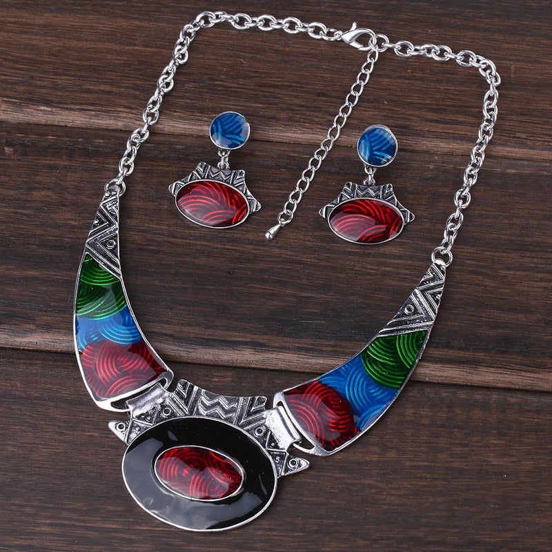 YAZILIND Ethnic Multicolor Embossed Oval Gangle Bib Collar Earrings Necklace Jewelry Set - Image 3